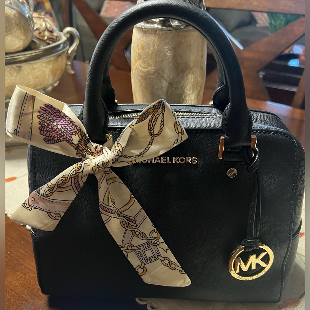 Michael Kors Black Leather Top-Zip Satchel with Gold Hardware